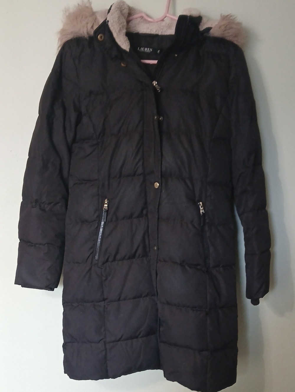Lauren Ralph Lauren Black Quilted Puffer Coat with Faux-Fur Hood Trim Size XS